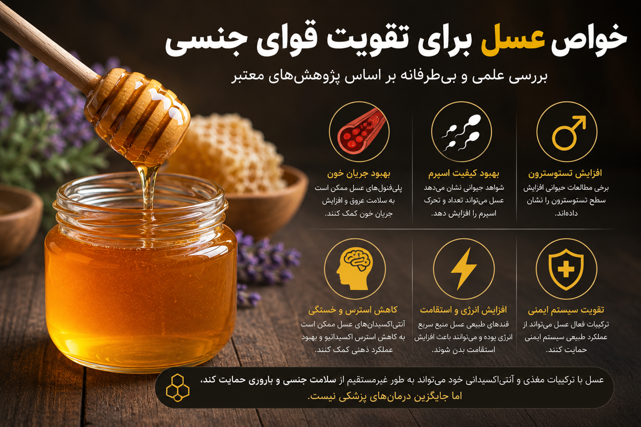 آیا عسل باعث تقویت قوای جنسی می‌شود؟ بررسی علمی و بی‌طرفانه بر اساس پژوهش‌های معتبر